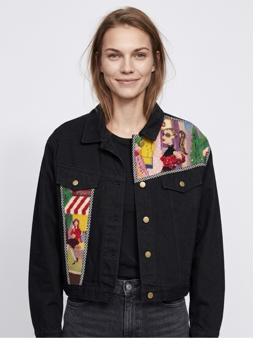 Vintage Kolorway Black Denim Needlepoint Beaded Jacket XL USA